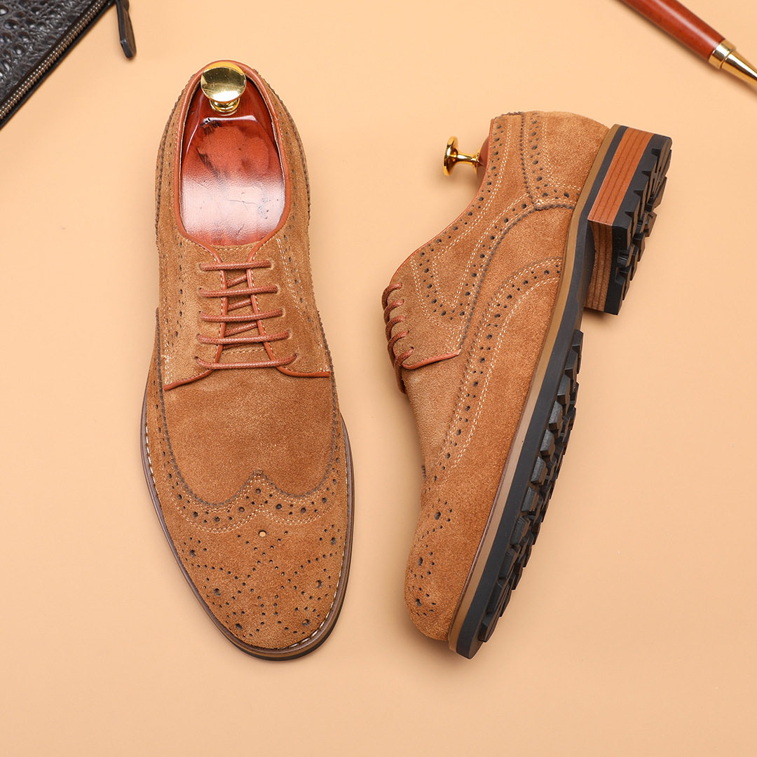 2026春新款布洛克雕花皮鞋男式磨砂牛皮手工实木跟系带英伦德比鞋