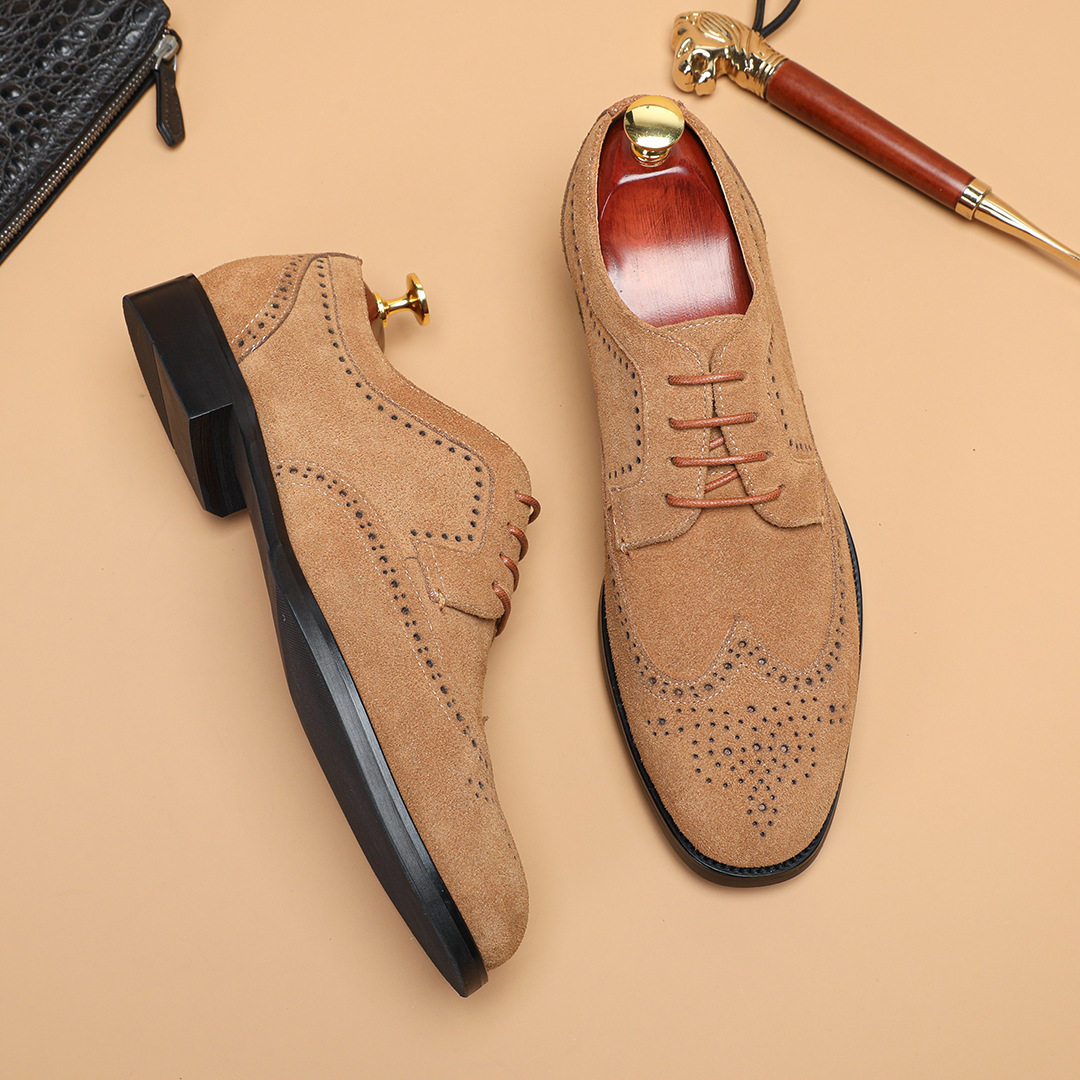 2026春新款布洛克雕花皮鞋男式反绒牛皮手工系带英伦复古风德比鞋