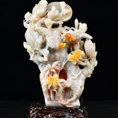 福建寿山石玉兰花摆件结晶家居客厅装饰摆设俏色巧雕花原石工艺