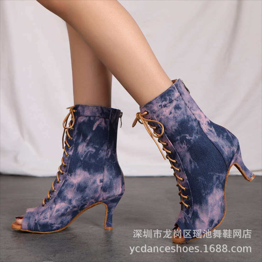 舒适耐磨紫色牛仔布女式成人salsa拉丁Heels恰恰伦巴斗牛舞蹈