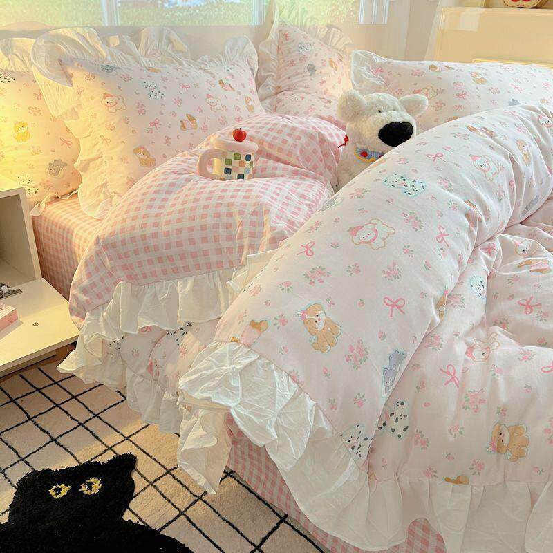 韩式少女心纯棉床上四件套公主风可爱全棉床单被套宿舍三件套女孩