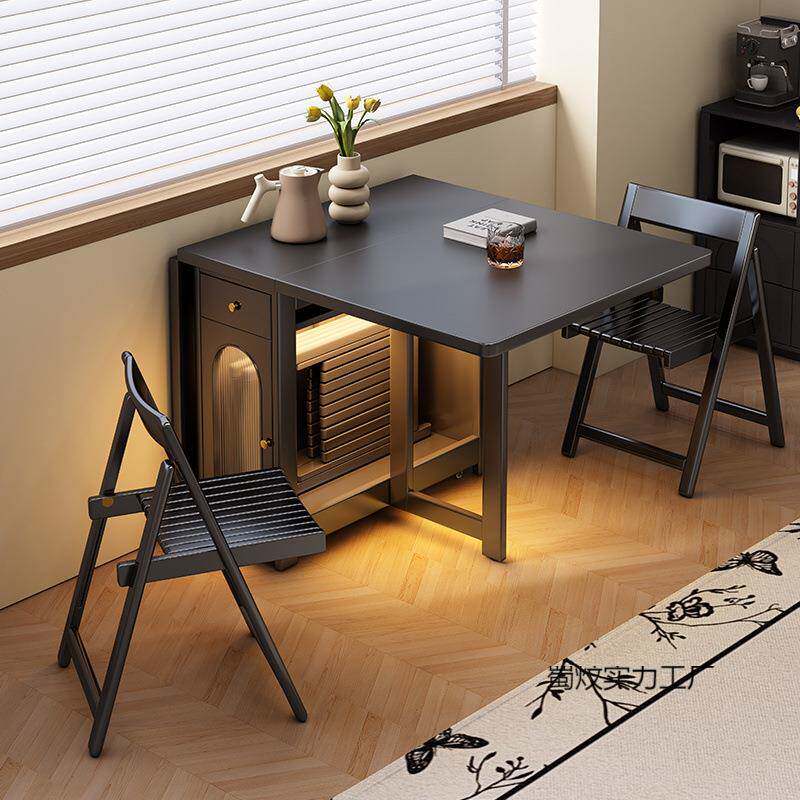 黑色复古全实木折叠餐桌家用现代轻奢长方形可伸缩隐形小户型饭桌