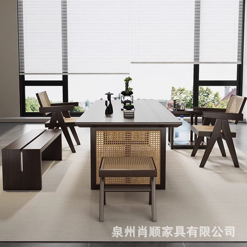 新中式茶桌椅组合 家用客厅茶几茶台藤编接待泡茶桌实木大板茶桌