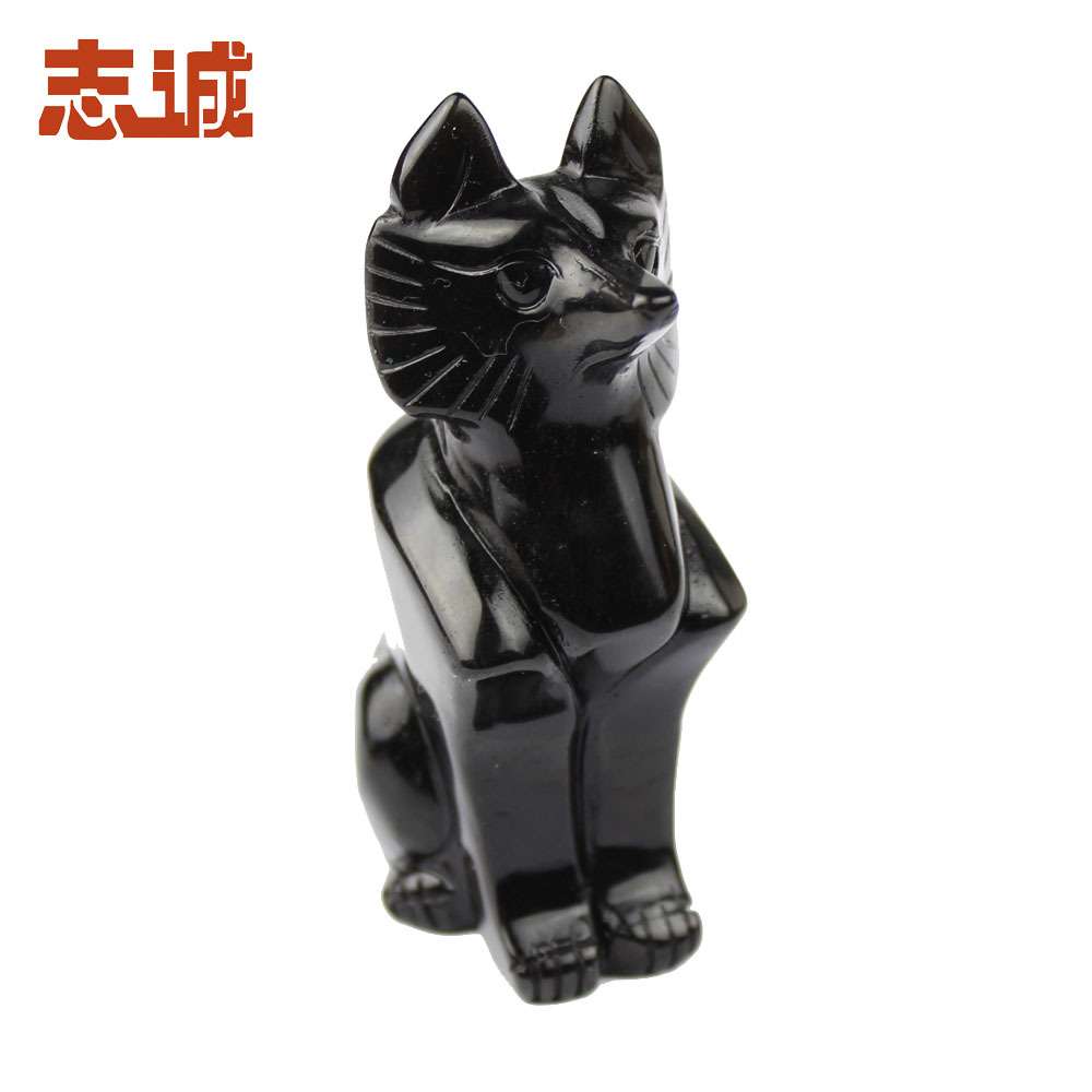 乌金全黑黑曜石狐狸家居摆件黑色狐狸饰品东海水晶灵狐