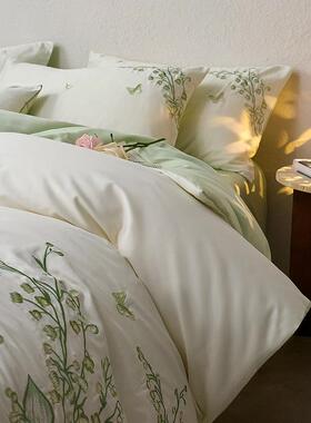 A类100s刺绣铃兰花语长绒棉四件套清新绿色纯棉床上用品1.8m