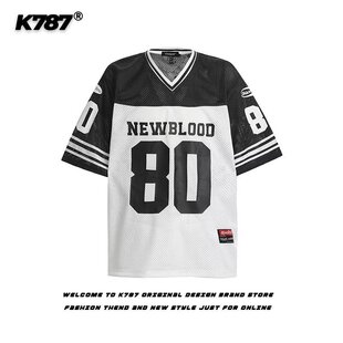 Poragomla美式橄榄球运动短袖T恤男女潮牌宽松V领网眼速干球衣夏