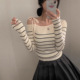 女chic时尚 针织衫 洋气减龄绑带露肩条纹毛衣修 长袖 Poragomla秋季