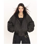 Poragomla气质百搭日系新款 高街假两件连帽PU皮衣夹克无 慵懒美式