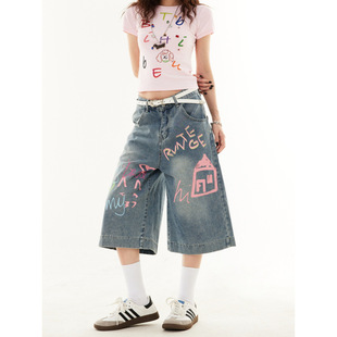 Poragomla美式复古牛仔短裤女夏季宽松显瘦高街设计感刺绣阔腿直