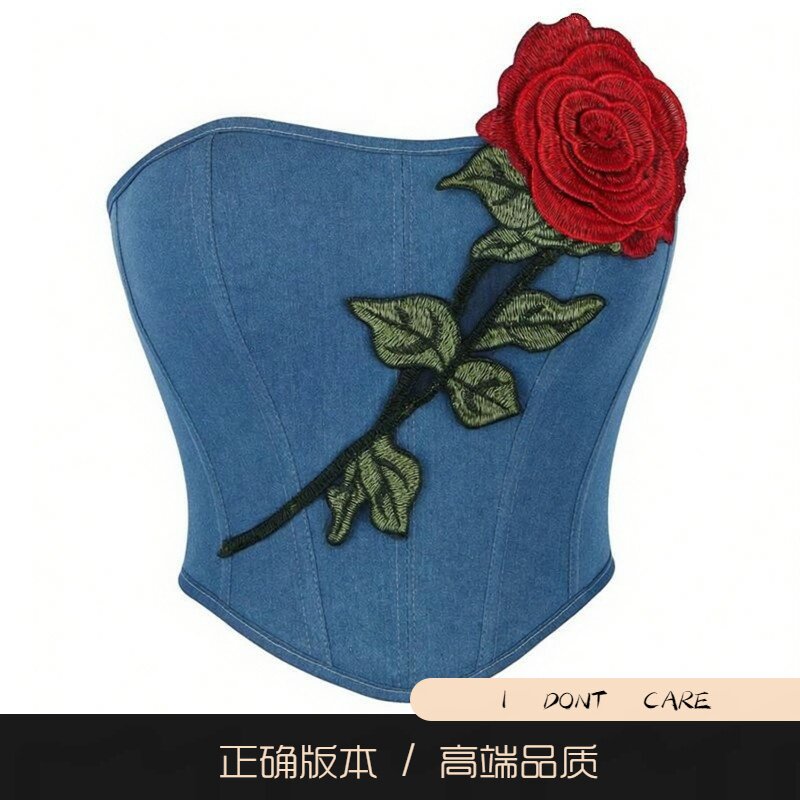 【正确版】复古蓝色牛仔刺绣抹胸束腰宫廷塑身衣绑带短款外穿上衣