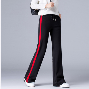 裤子女春秋薄款运动休闲裤2021新款侧条纹直筒长裤垂感高腰阔腿裤