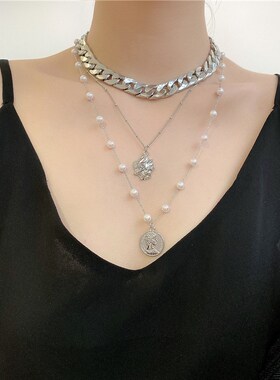 夸张长款毛衣链多层珍珠项链女潮网红锁骨链2023年新款脖颈链女