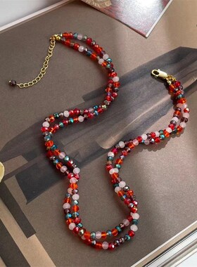 夏季天然淡水珍珠项链手工编织多巴胺彩色串珠双层麻花颈链锁骨链