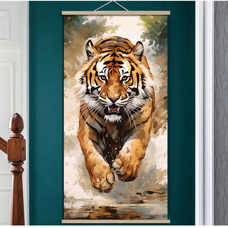 猛虎老虎图卷轴挂画上山虎下山虎装饰办J公室玄关走廊过道威武招