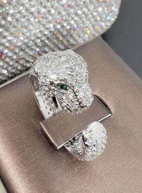 动物豹子戒指 气质狂野豹头镀银铜戒指女士 时尚微镶戒指环手饰品