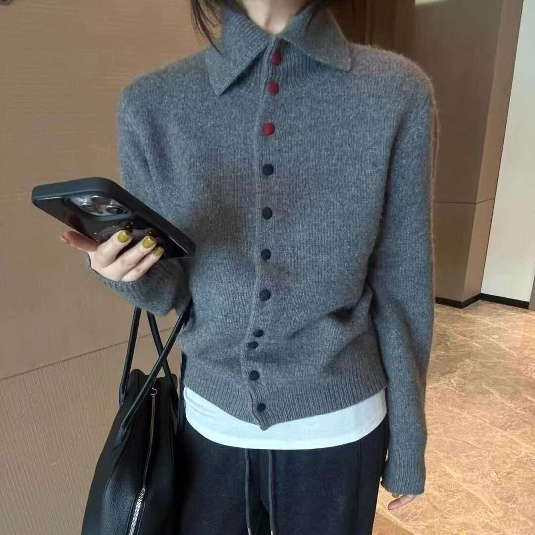 复古灰色高领毛衣开衫女秋冬彩色毛针织衫