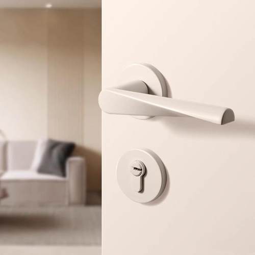 烁盾卧室门锁奶油风格室内静音房门锁米白色房间木门锁磁吸门把手