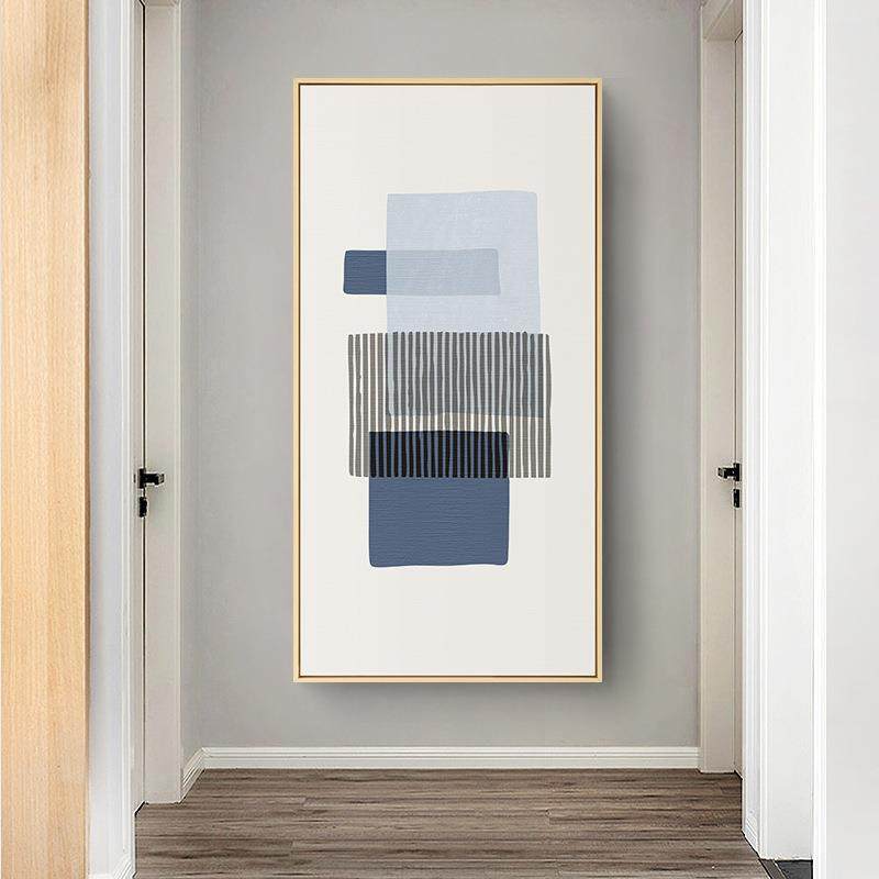 清雨文意现代蓝色玄关装饰画竖版入户走廊壁画北欧抽象线条挂画