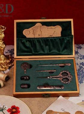 新款复古实木针线盒套装高档多功能缝纫工具收纳盒古典缝补工具