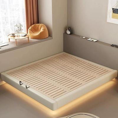 齐边悬浮床架奶油风无床头床简约现代榫卯结构榉木排骨架床无靠背