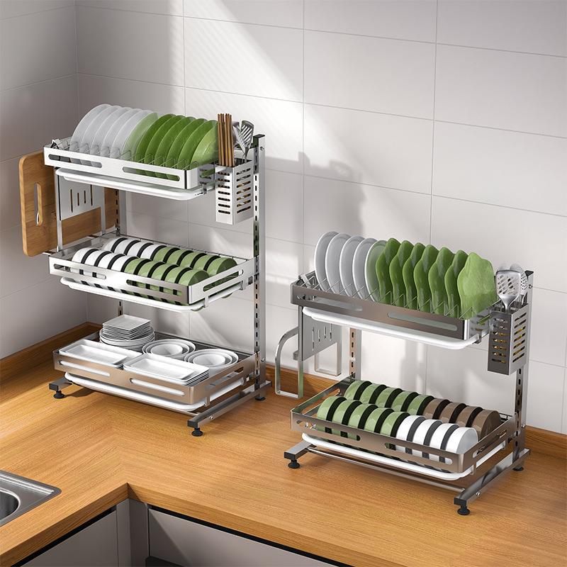 不锈钢置物架厨房碗碟收纳拆装家用台面多功能沥水架三层碗碟架