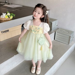 女童夏装汉服女宝宝夏款新中式中国风绿花儿童夏季2024新款连衣裙