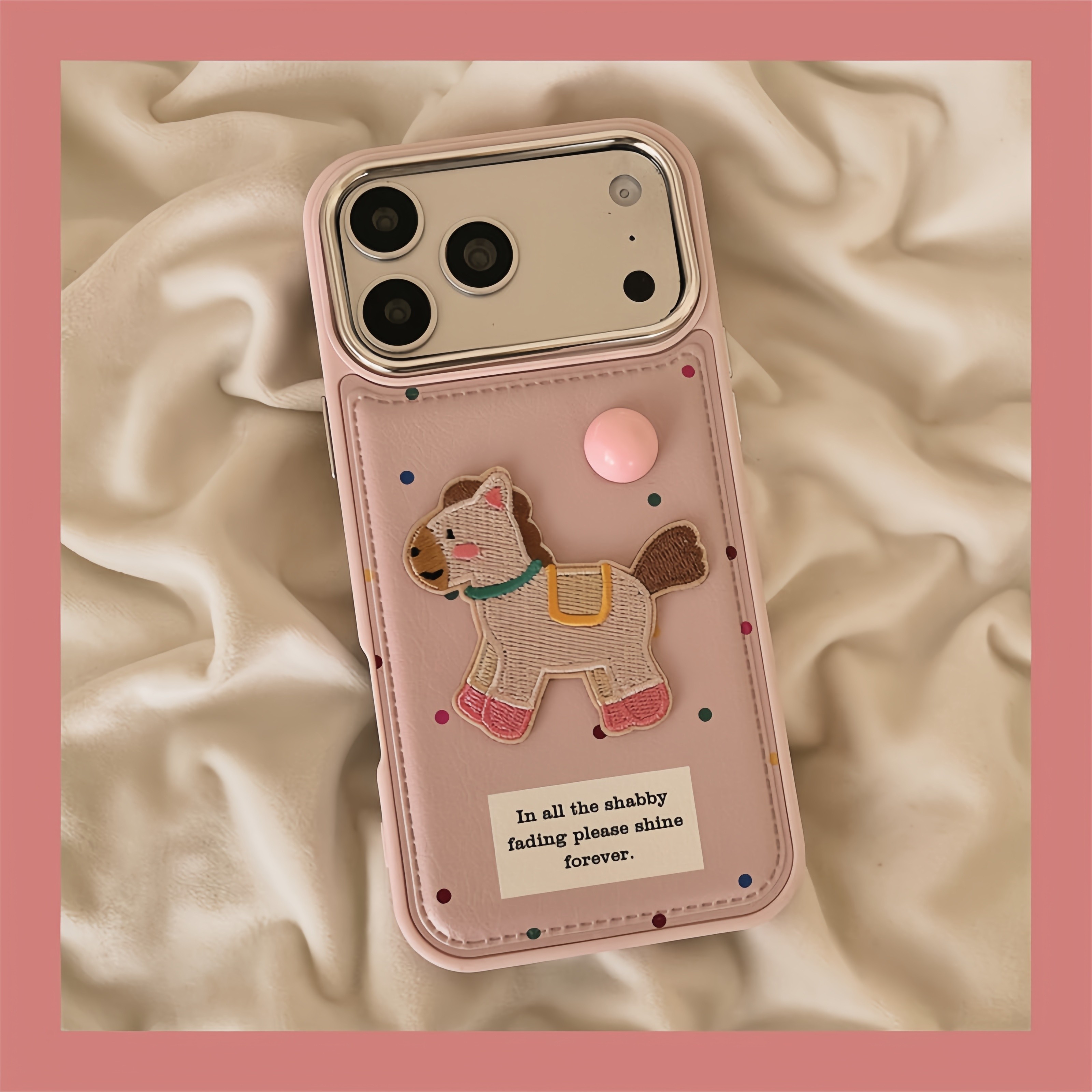 钰锴 粉色皮质刺绣木马波点适用苹果17ProMax手机壳iphone15新款16pro女款13卡通可爱15pro全包14防摔保护套,3C数码配件,手机保护套/壳,淘宝优惠券,粉丝福利购,淘宝优惠卷