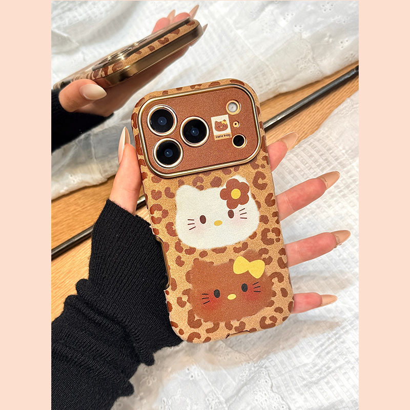 钰锴 美拉德风豹纹蝴蝶结kitty猫大视窗适用苹果17ProMax手机壳iphone15新款16pro女13皮纹15pro防摔保护套14