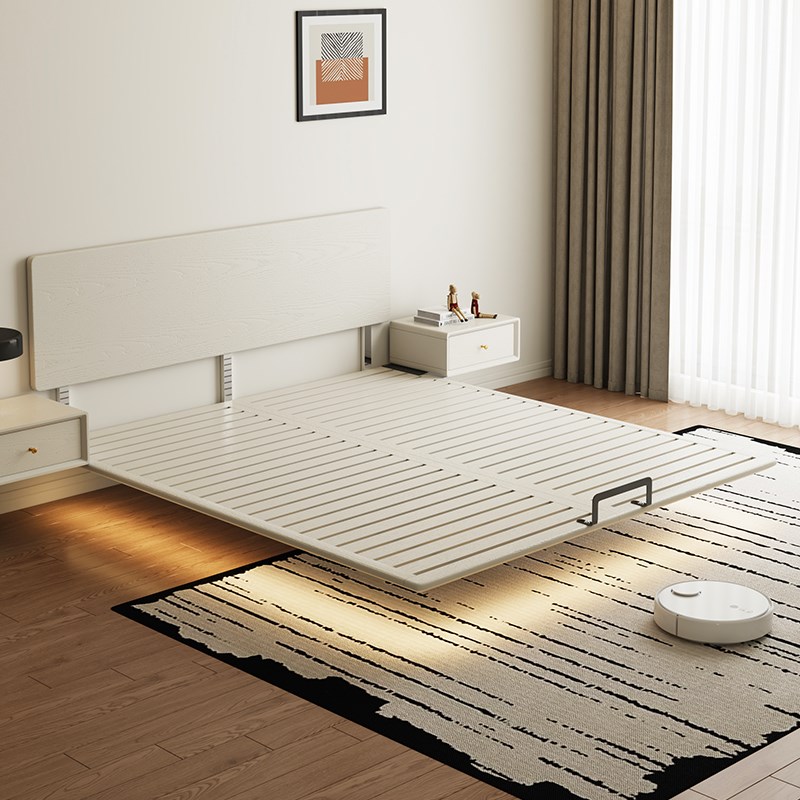 实木薄床头悬浮床小户型主卧双A人齐边奶油风白色薄靠背排骨架床