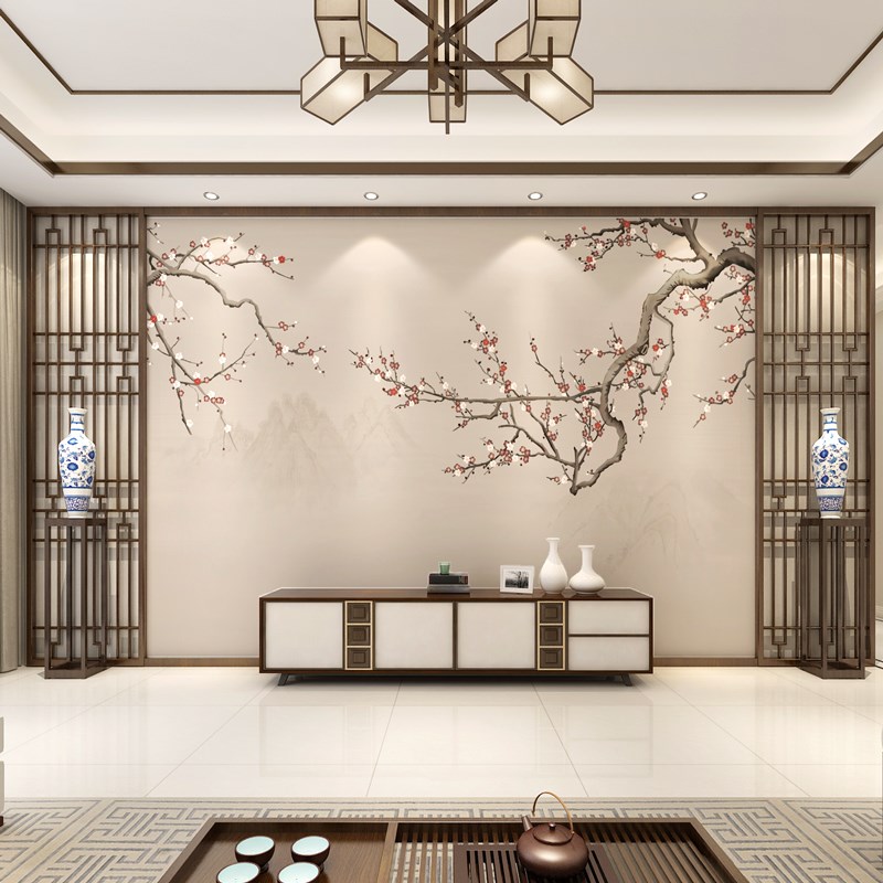 2024年新中式电视背景墙壁w布客厅卧室壁纸花鸟梅花墙纸影视墙墙