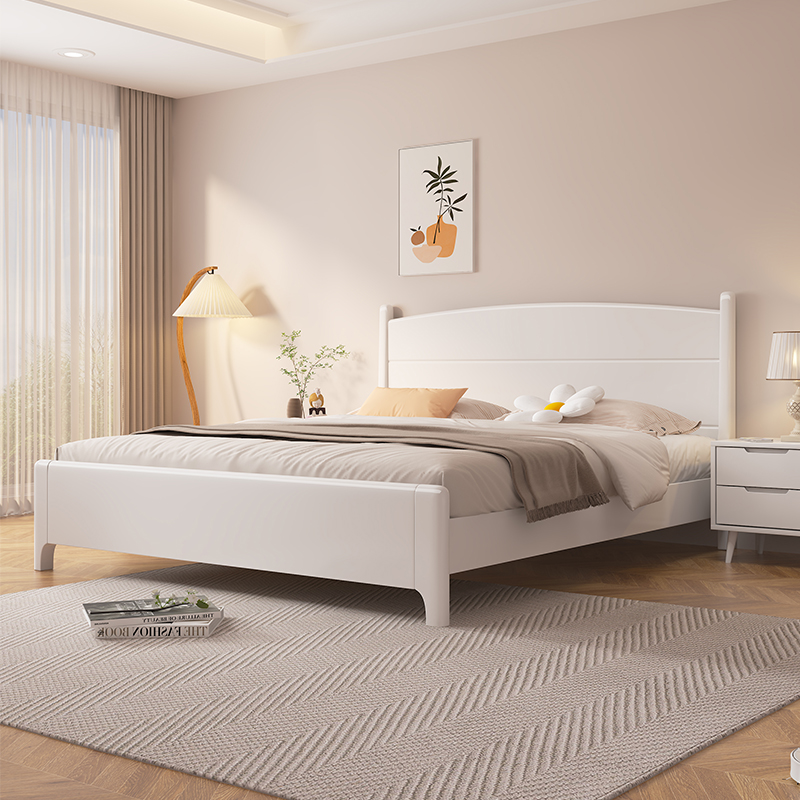 奶油风白色实木床现代简约1.2m双人床1.8米1.5米1.35主.卧高箱储