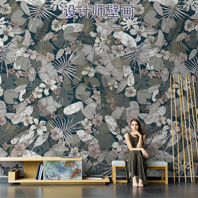 法式热带植物叶子壁纸高级感田园D素色墙布客厅会所酒店背景墙纸