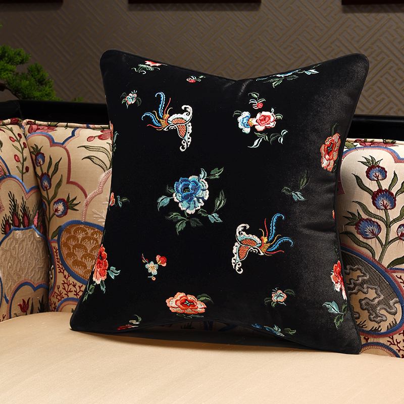 新中式绒布刺绣客厅沙发抱枕中古风复古J靠垫红木椅子床头靠背垫