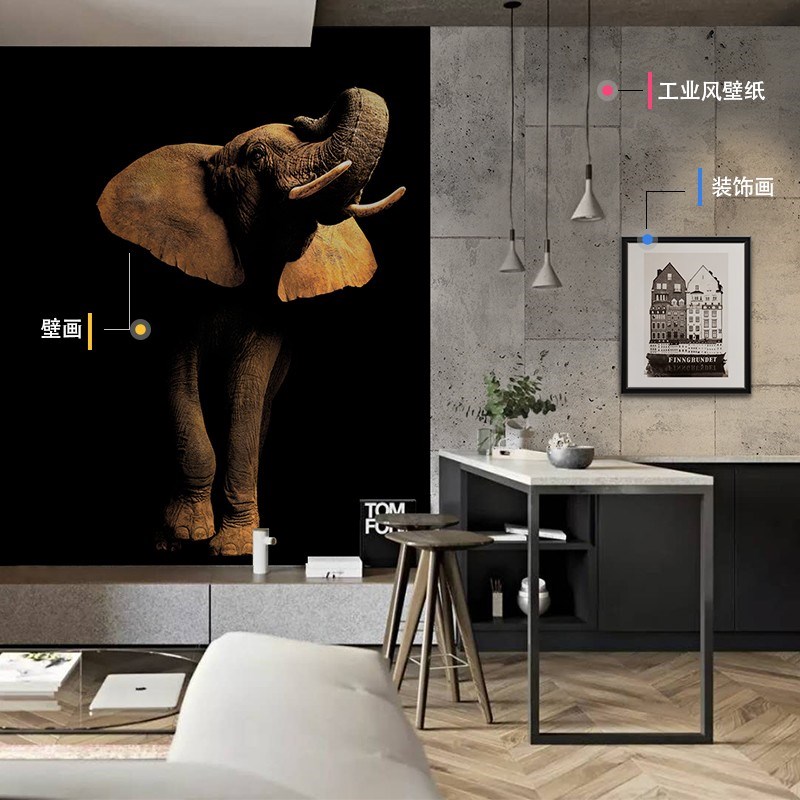 北欧个性定制简约大象动物壁画黑色电视玄M关背景壁纸沙发墙纸墙