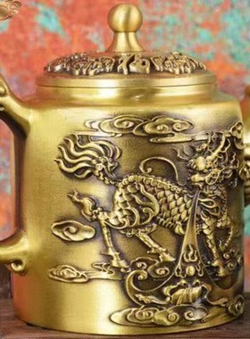 黄铜麒麟百福茶壶中式工艺品老式高端浮雕酒壶家居茶W桌办公室摆