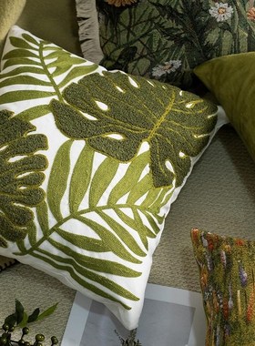 森系绿色植物抱枕轻奢高级感刺绣复古沙发客N厅北欧中古风靠垫枕