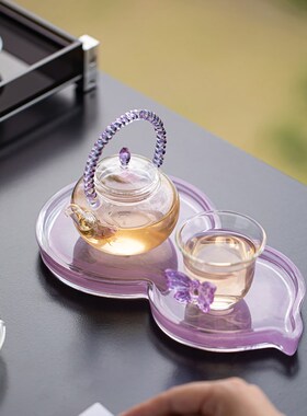 紫色水晶玻璃干泡盘壶承葫芦y干泡台水墨禅意托盘点心碟茶道茶托