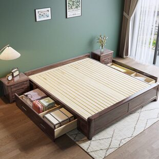 胡桃木床架无床头储物床实木榻榻米床落地骨架床箱体无床头床主卧