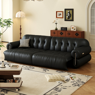 洛德头层牛皮电动伸缩平推法式黑糖云朵沙发黑色真皮复古风沙发床