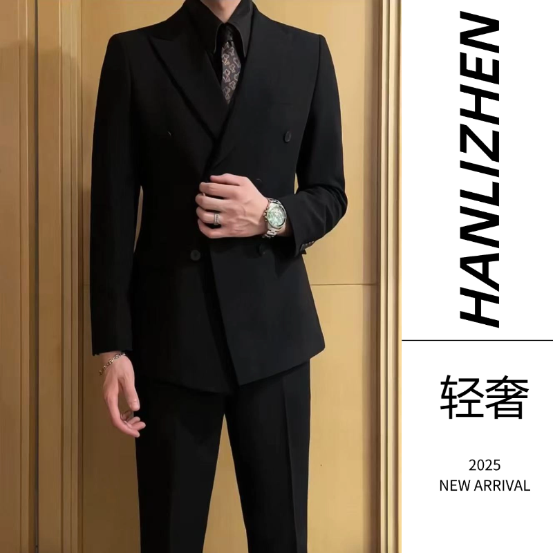 男士秋冬纯色高端西服套装结婚商务西服套装男双排扣西装西服潮流