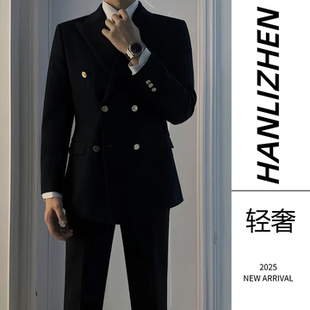 双排扣男士西装套装高级感英伦风修身布雷泽金属纽扣新郎结婚西服