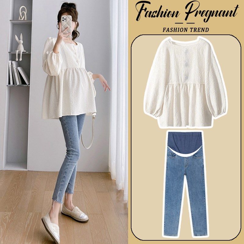 孕妇套装2024新款春秋时尚宽松显瘦杏色娃娃衫上衣牛仔裤两件套女,孕妇装/孕产妇用品/营养,连衣裙,淘宝优惠券,粉丝福利购,淘宝优惠卷