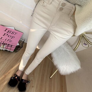 九分小脚裤 女弹力修身 子2023春夏 米白色高腰收腹牛仔裤 显瘦必入