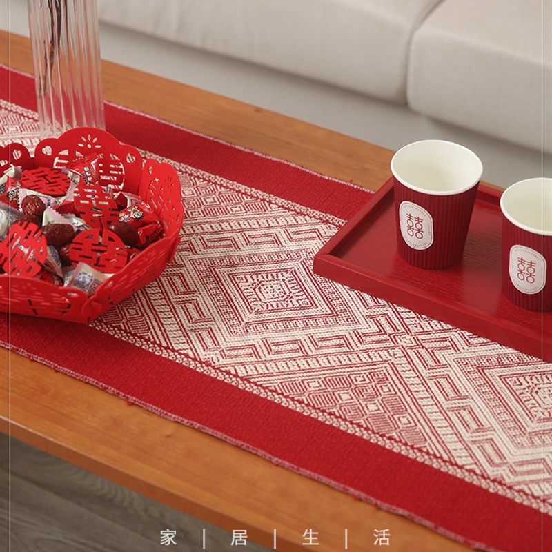 结婚红色桌旗新中式风婚房装扮餐桌茶几加厚流苏桌布棉麻复古喜庆,节庆用品/礼品,婚房装扮用品,淘宝优惠券,粉丝福利购,淘宝优惠卷