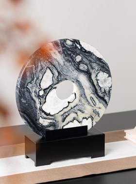 新中式天然纹理大理石同心圆玉扣摆件样L板间客厅书房桌面装饰