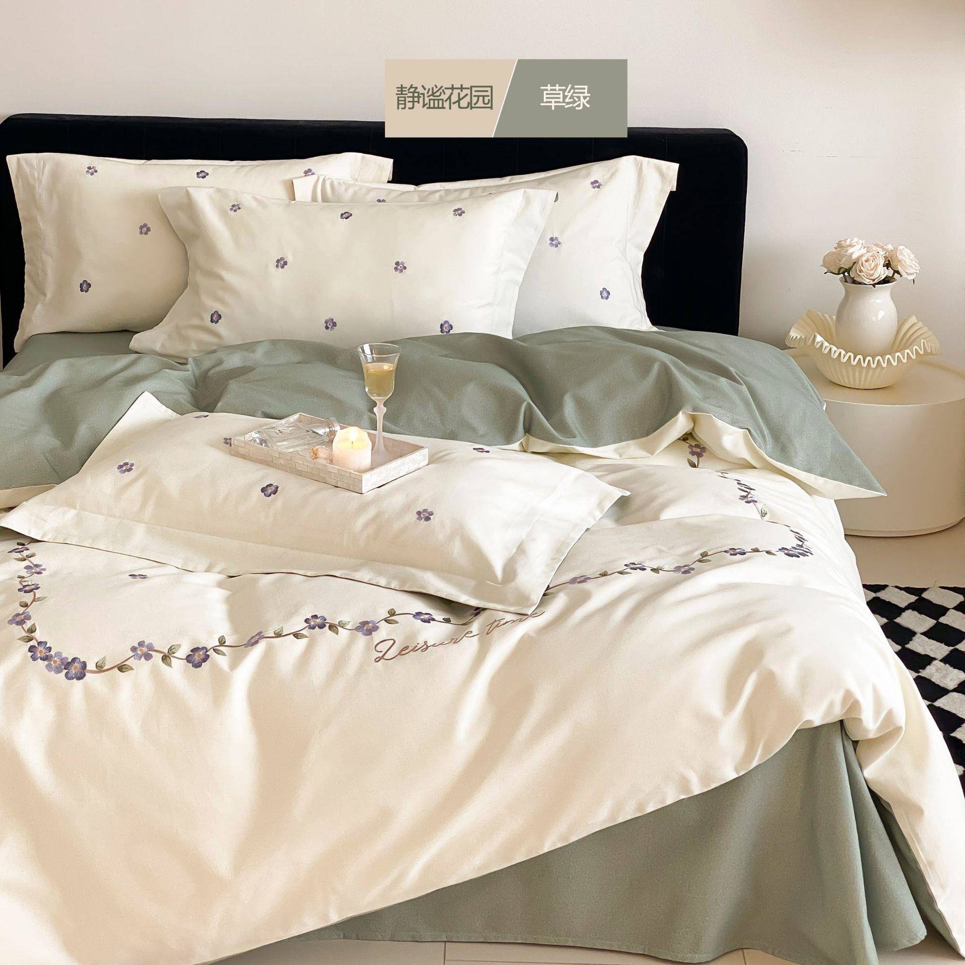 秋冬新款公主风花卉刺绣全棉磨毛四件套加厚保暖纯棉床单床笠宿舍