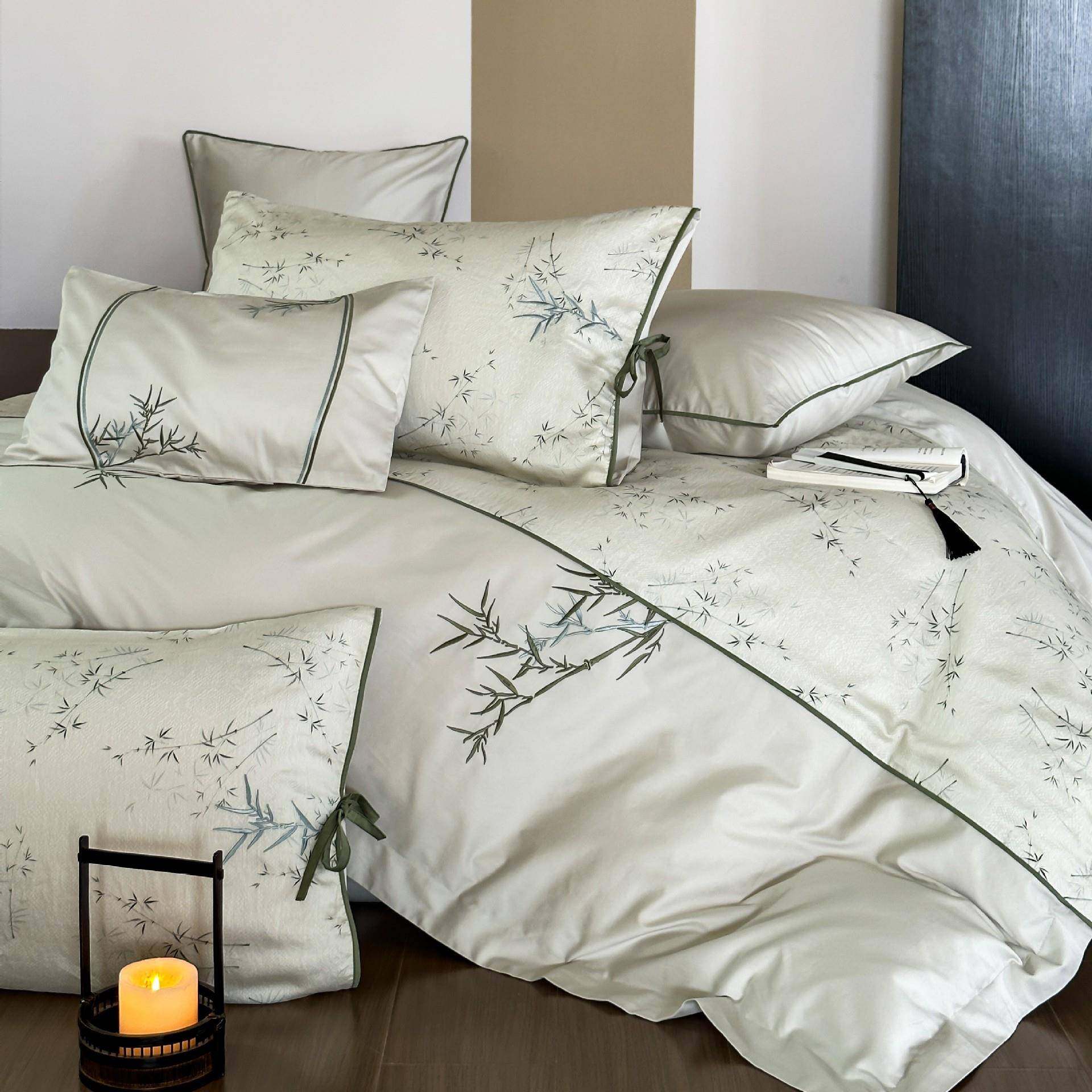 中式国风纯棉100S长绒棉四件套竹子提花刺绣被套全棉床上用品