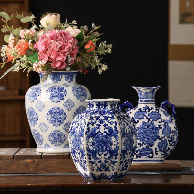 客庄陶瓷器手绘仿古青花瓷花瓶插花客厅中式装饰家居电视柜摆件