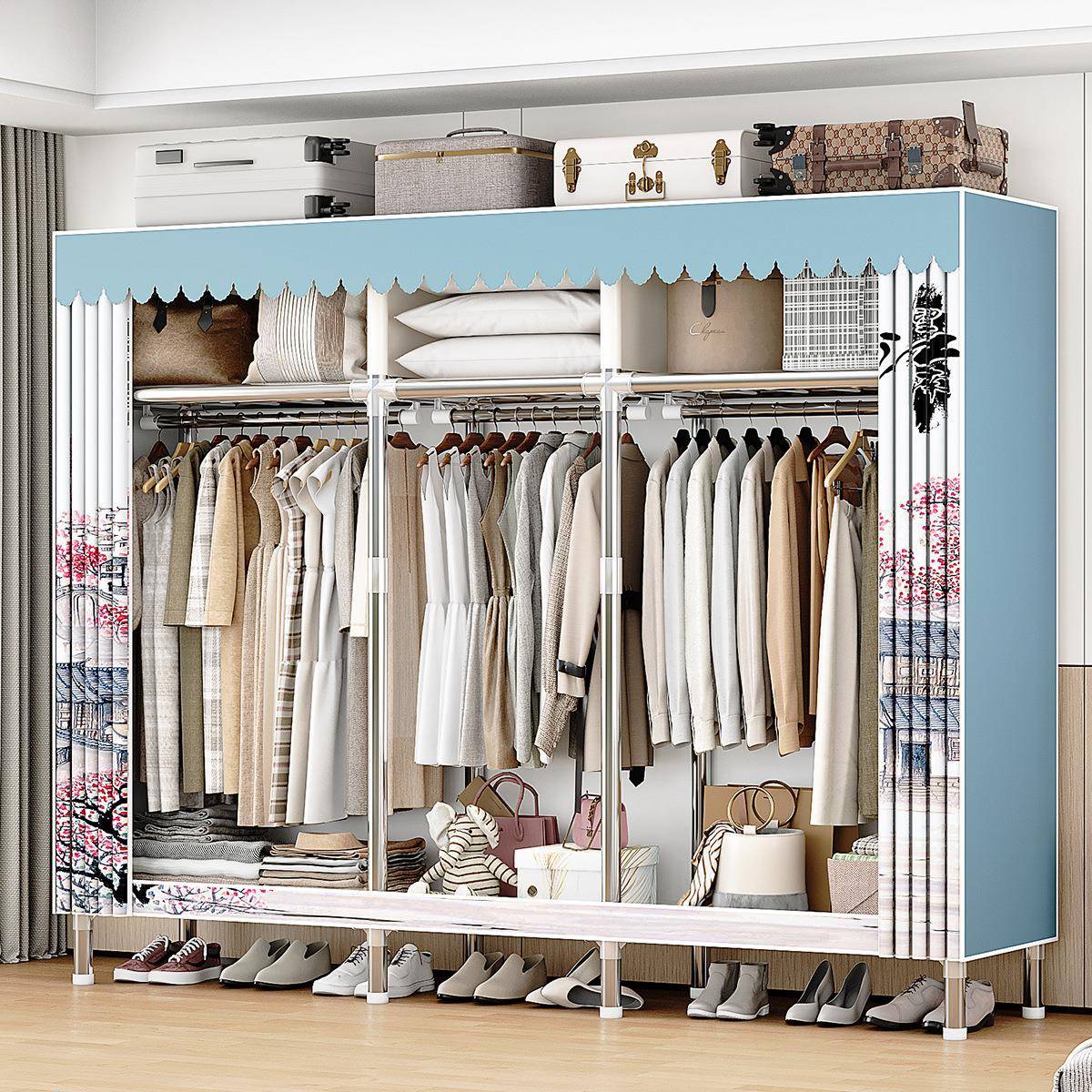 简易衣柜儿童落地组装衣橱家用出租房宿舍全钢架加粗简易布衣柜