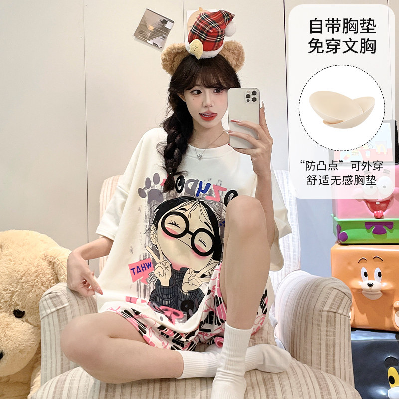 睡衣女款爆款2026新款高级感带胸垫夏季大码可外穿短袖家居服套装